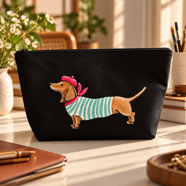 Atölyenin köpek figürlü siyah clutch tasarımı